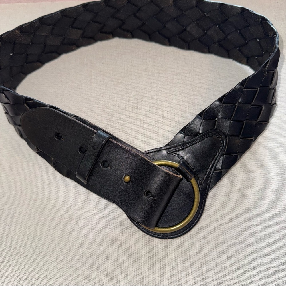 HOBO International Int. Braided Extra Wide Black Woven Leather Belt S Brass Ring